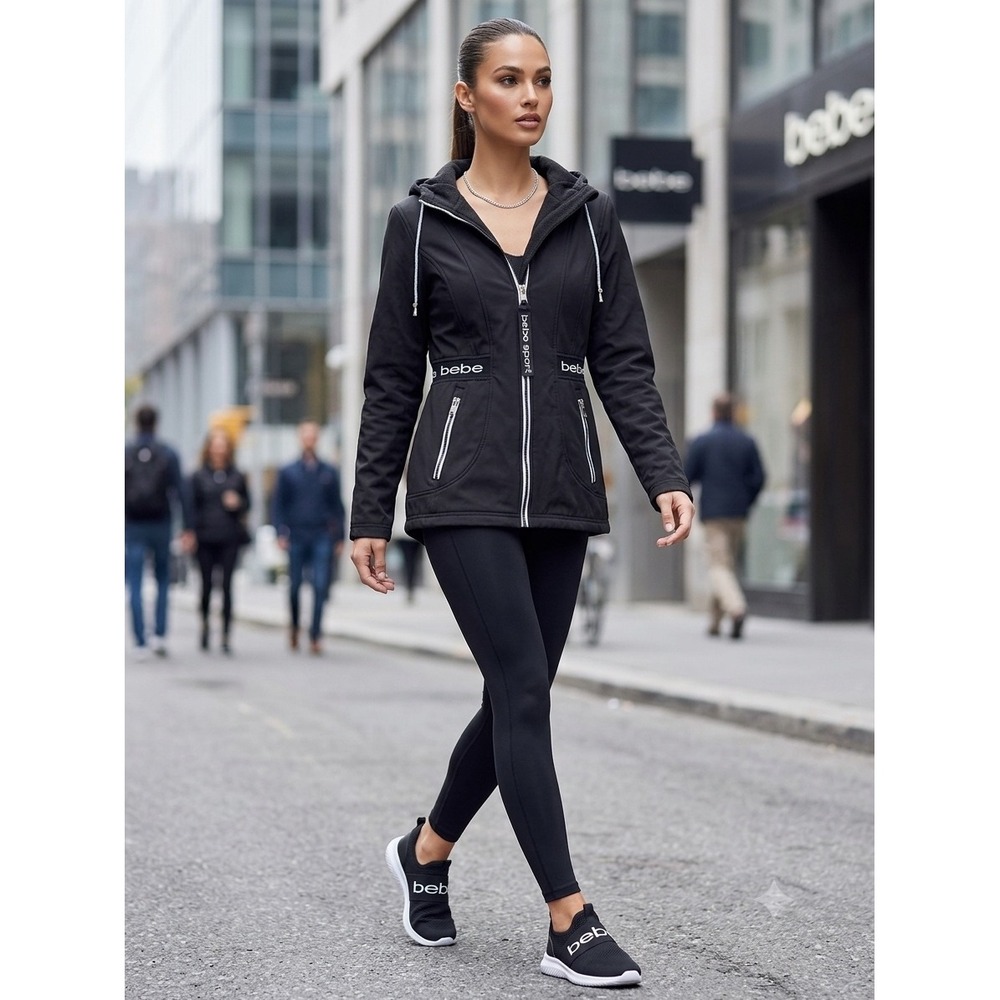 Bebe Sport Women Black Hooded Full Zip Fleece Lined Logo Tape Jacket XL‎